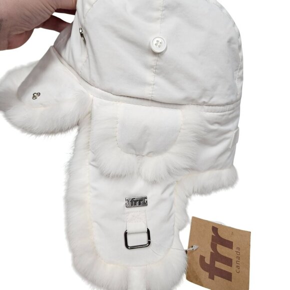 FRR NWT Rabbit‎ Fur Aviator Trapper Hat Water Repellent White S/M Snow Bunny - Picture 13 of 13